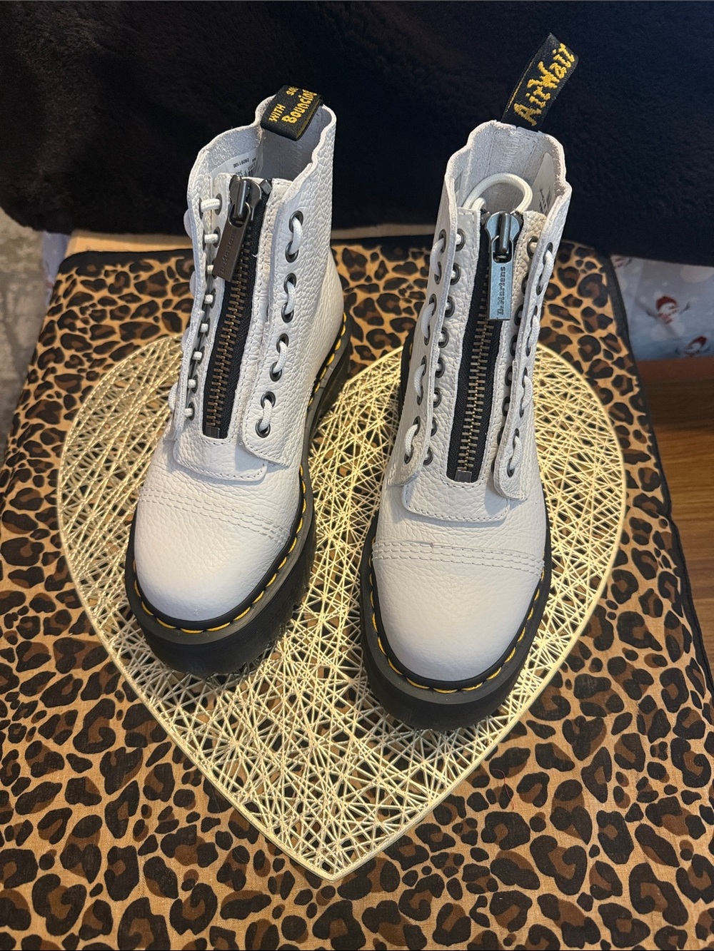 Dr. Martens White Leather Front-Zip Combat Boots with Yellow Stitching